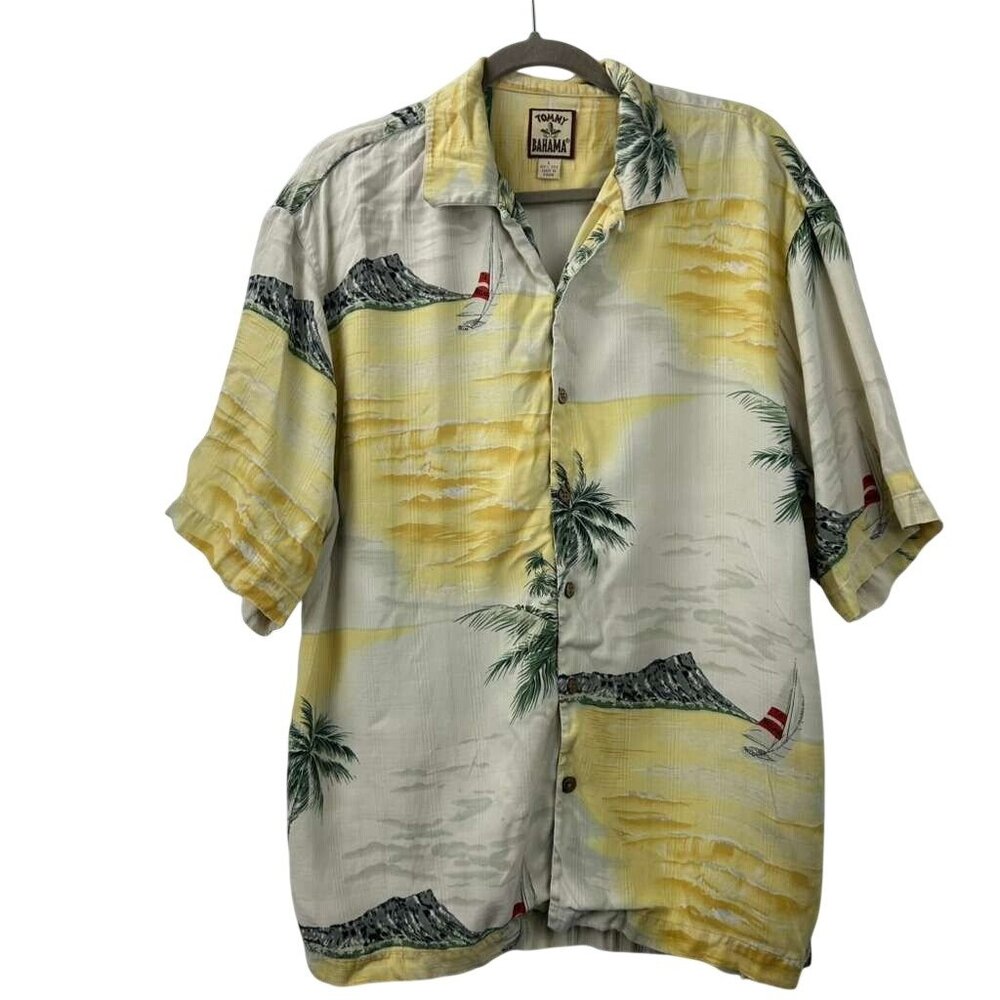 VTG Tommy Bahama Men's Large Yellow 100% Silk Tropical Palm Trees Beach Print